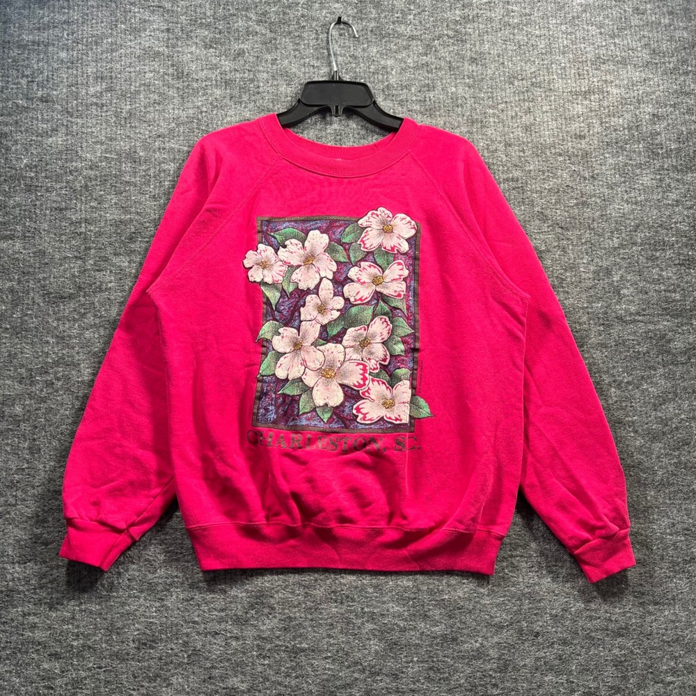 Vintage Hanes Charleston SC Floral Sweatshirt Pink Raglan Made in USA Large